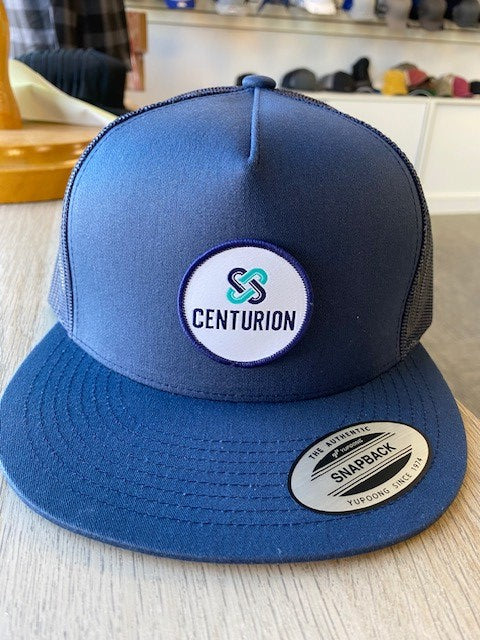 FLAT BRIM HAT - 6006 - CENTURION LOGO - COLOURED CIRCLE PATCH FULL FRONT