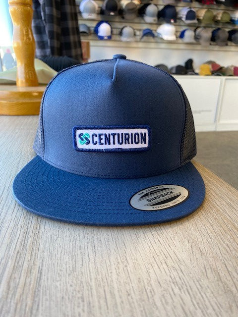 FLAT BRIM HAT - 6006 - CENTURION LOGO - COLOURED RECT. PATCH (SML) FULL FRONT